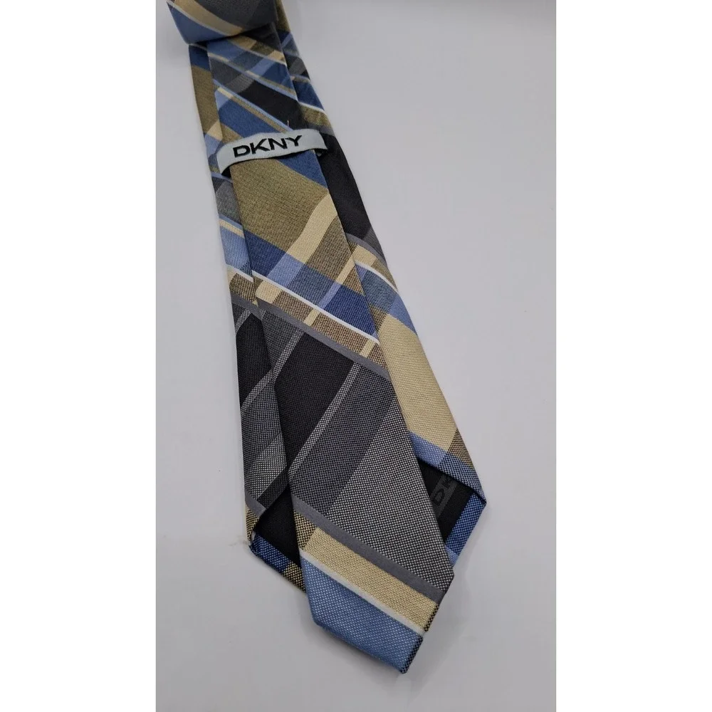 DKNY Men's Silk Tie Brass/Black/Blue/Gray Plaid